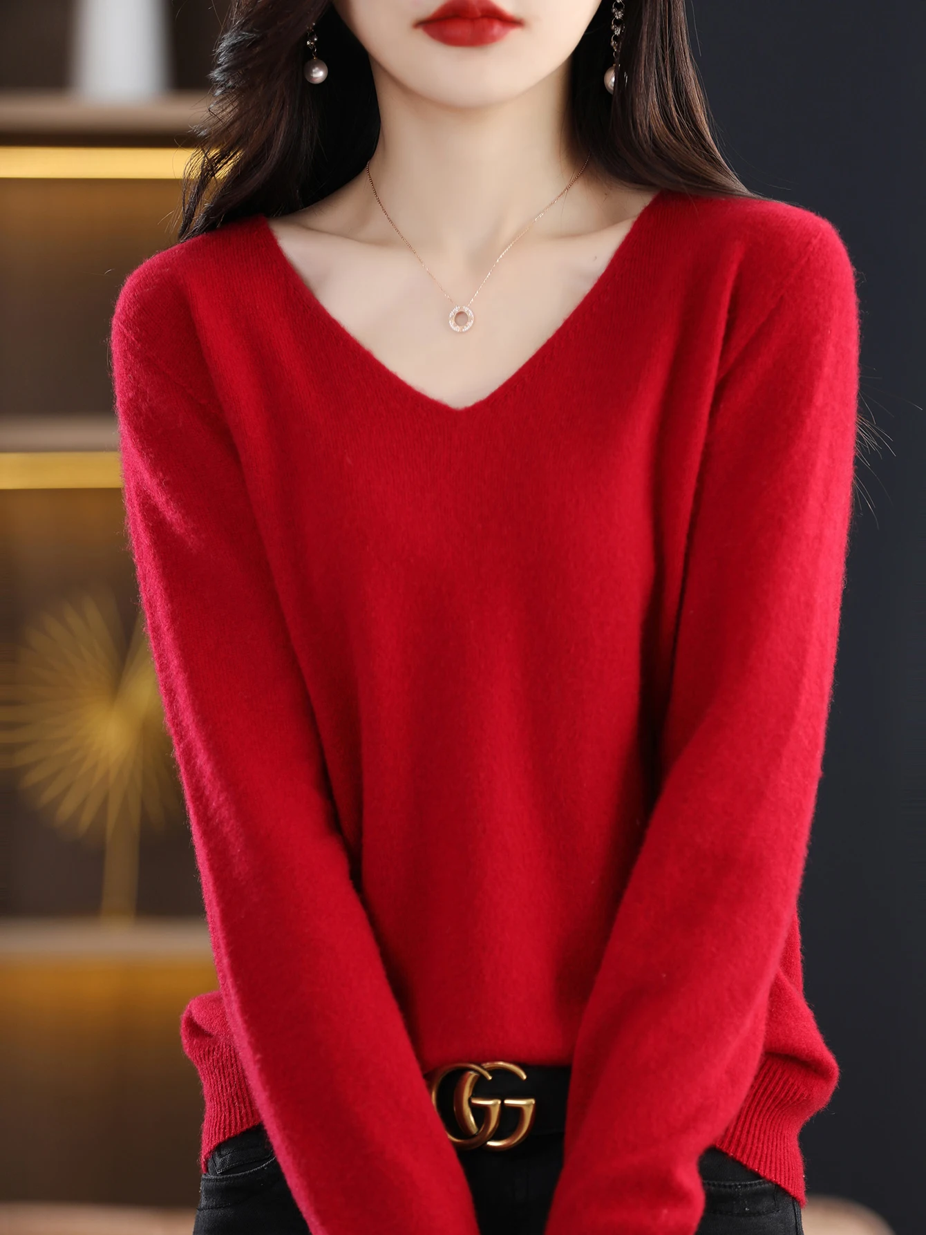 Sweater for Women 100% Merino Wool V Neck Sweater Fall Winter Basic Warm Pullovers Long Sleeve Soft Knit Jumpers Female Clothing - Image 2