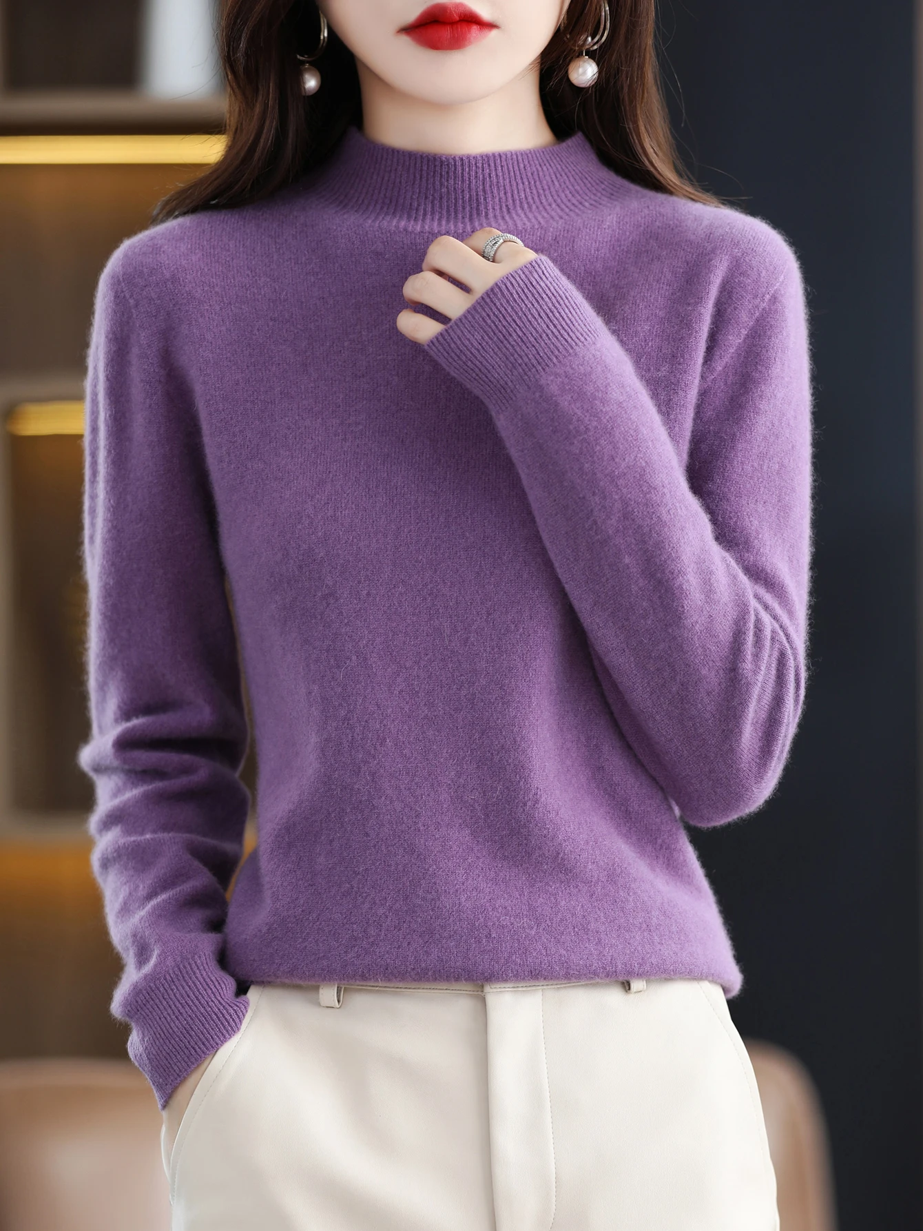 100% Merino Wool Sweater Women Mock Neck Sweater Fall Winter Basic Soft Warm Pullovers Long Sleeve Knit Wool Tops Female Clothes - Image 2