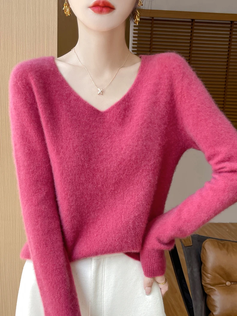 Sweater for Women 100% Merino Wool V Neck Sweater Fall Winter Basic Warm Pullovers Long Sleeve Soft Knit Jumpers Female Clothing - Image 3