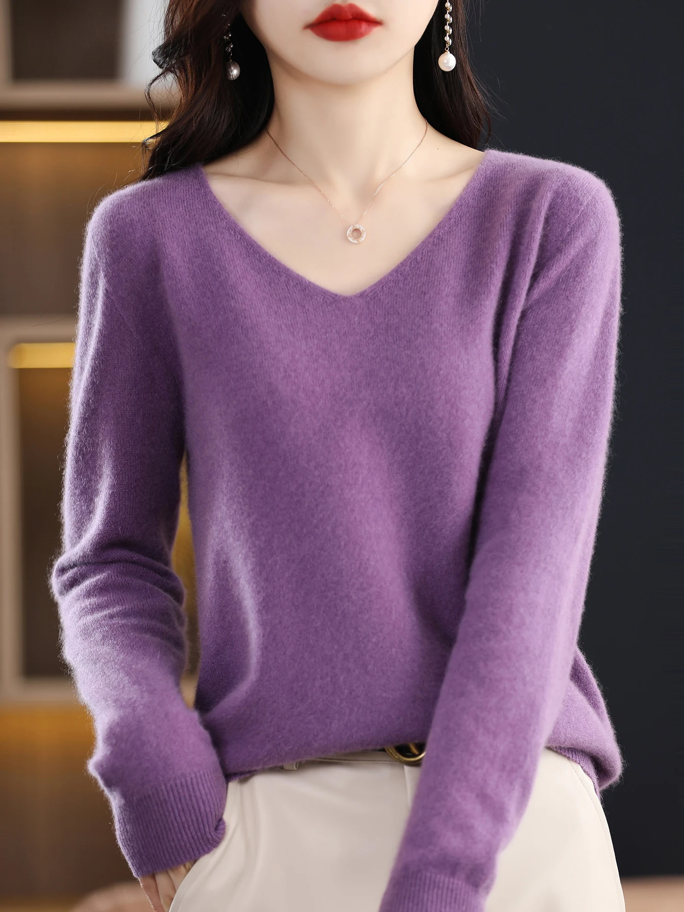 Sweater for Women 100% Merino Wool V Neck Sweater Fall Winter Basic Warm Pullovers Long Sleeve Soft Knit Jumpers Female Clothing - Image 4