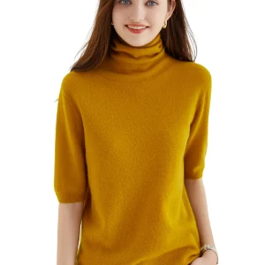 Women's Knit Tops Short Sleeve Fashion Women Sweaters New 100% Merino Wool Knitwears Vintage Sweater Turtleneck Pullover Clothes
