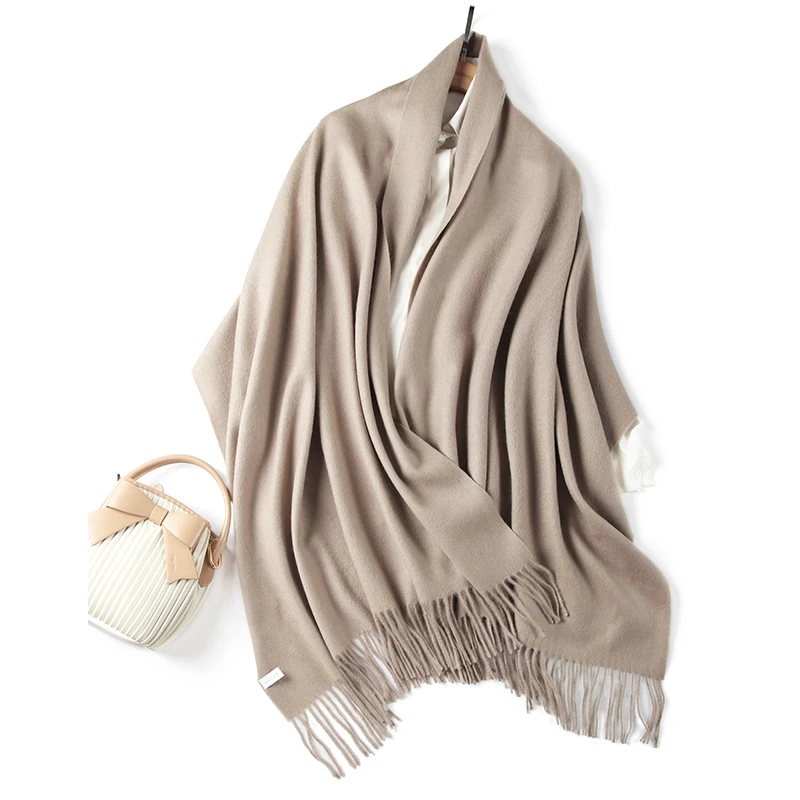 LONGMING New 100% Merino Wool Women Knitted Wrap Shawls Autumn Soft Solid Scarves Winter Warm Classical Plaid Men Tassel Muffler - Image 2