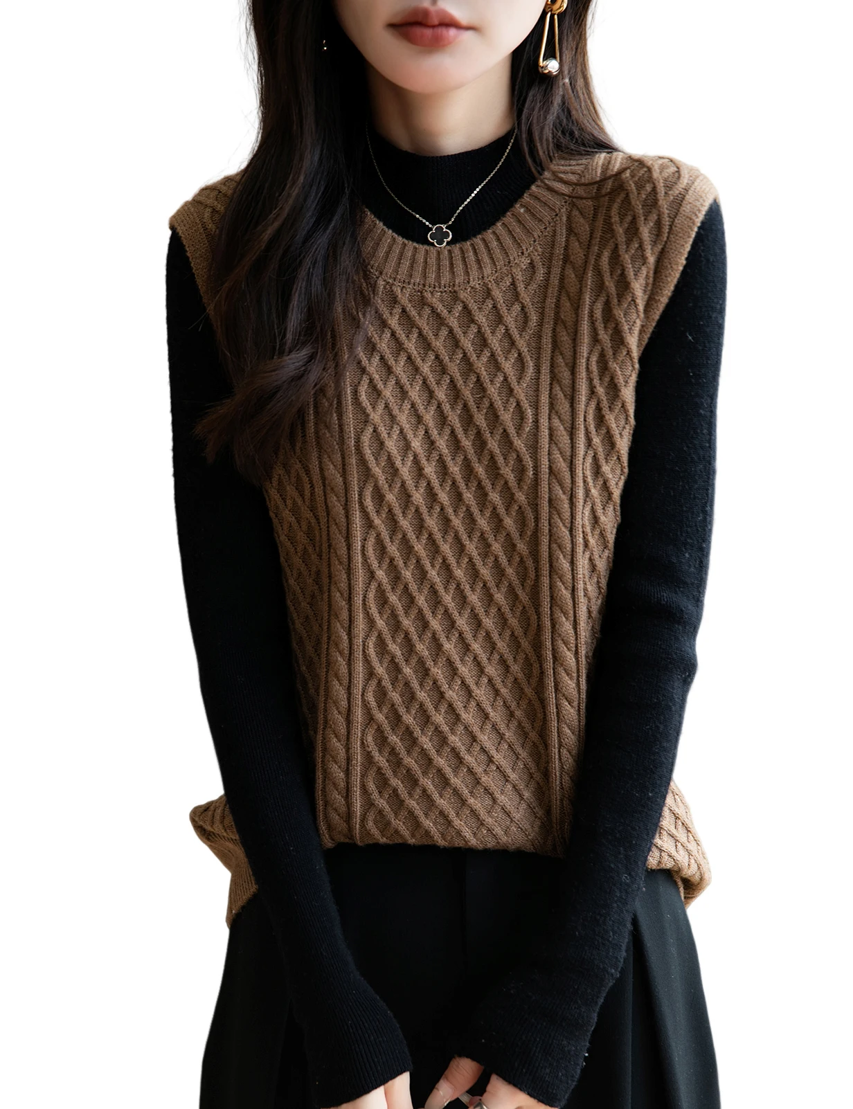 LONGMING Sweater Vest Merino Wool Blend Classic Crew Neck Cable Knit Vest Sleeveless Pullover Warm Knitted Tanks Woman's Clothes